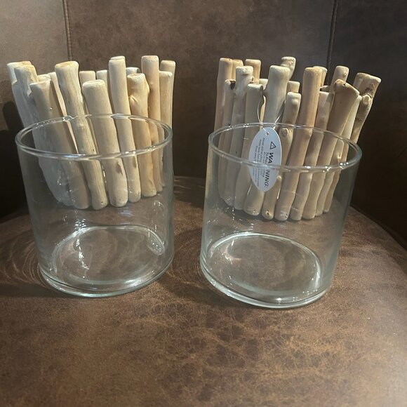 NWT Set of 2 Large Rustic Driftwood Candle Holders Vase Coastal Wedding Decor - Picture 5 of 11